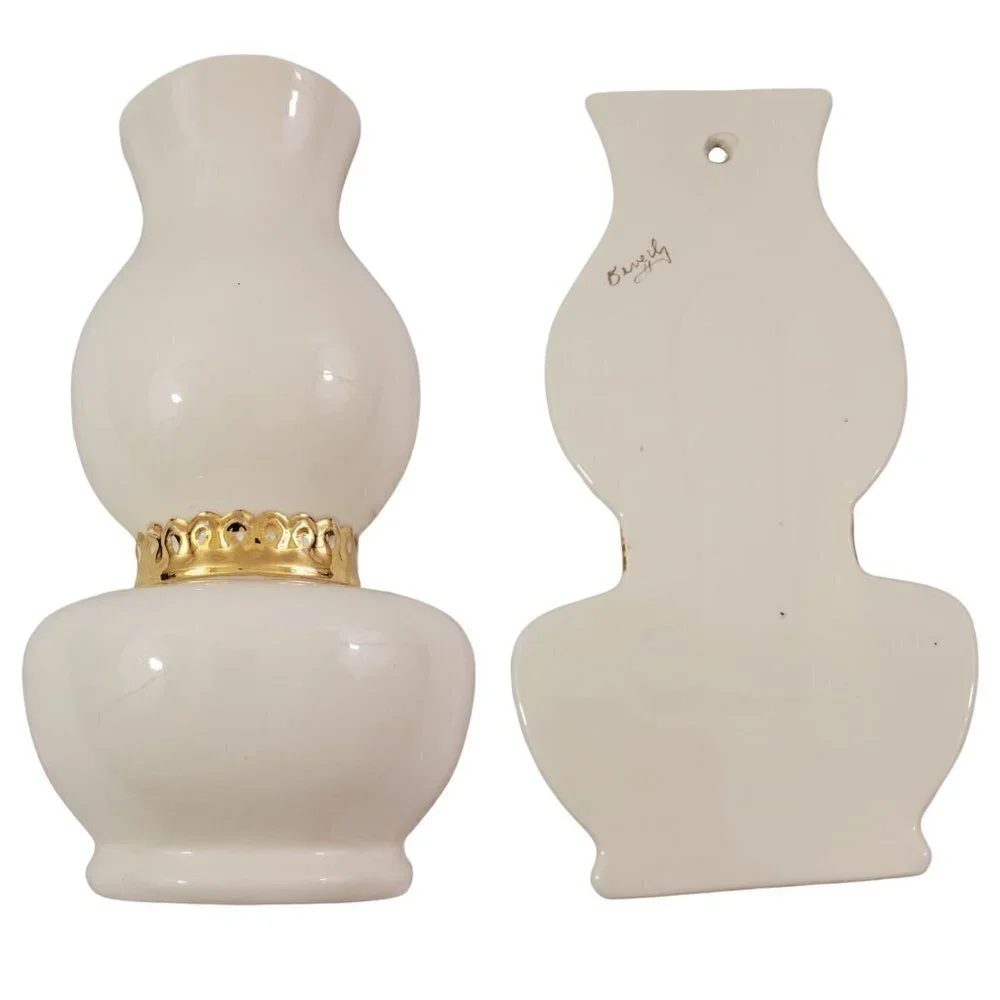 SIGNED Art Ceramic Ivory with Gold Accent Tabletop Wall Vase